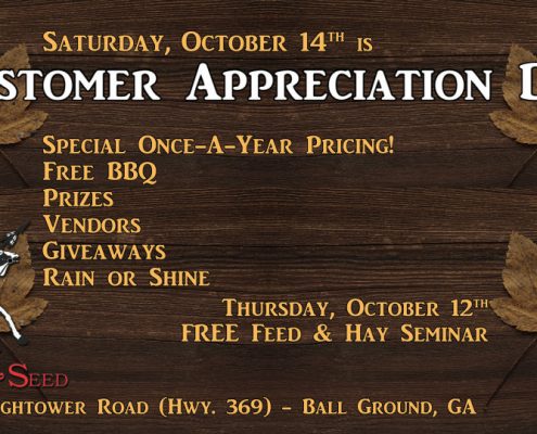 Customer Appreciation Day is October 14, 2017 at Cherokee Feed & Seed in Ball Ground, GA