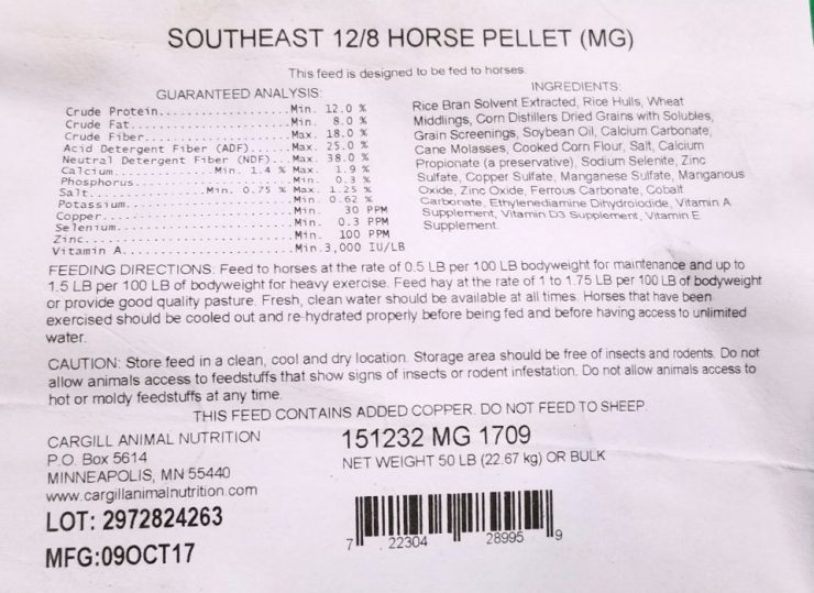 Nutrena Southeast 12/8 Horse Pellet Feed Lable Cherokee Feed and Seed