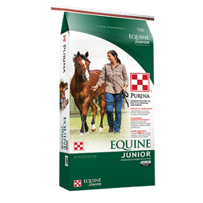 Purina Equine Junior Horse Feed. Green and white 50-lb feed bag.
