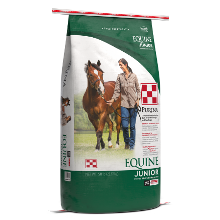 Purina Equine Junior Horse Feed. Green and white 50-lb feed bag. With Gastric Outlast Support.