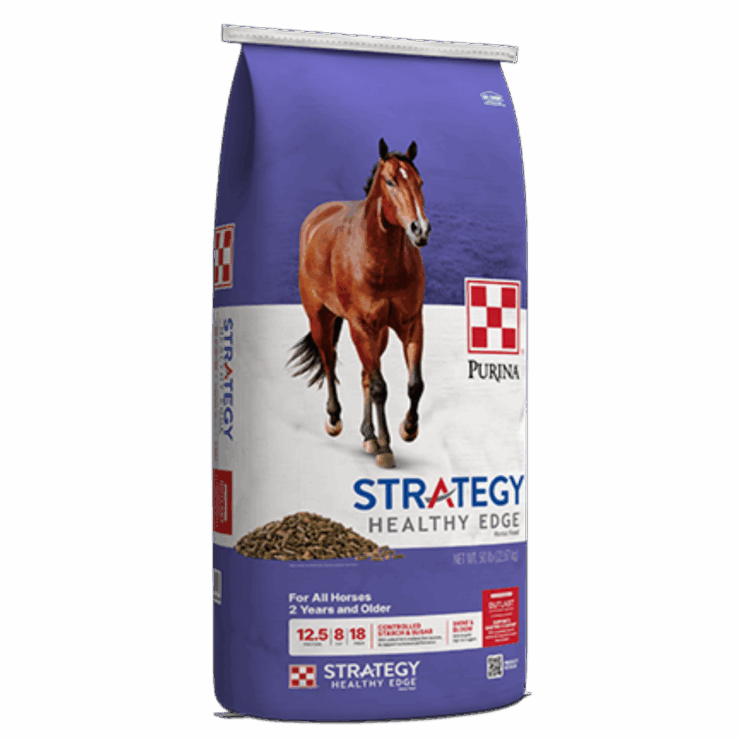 bag of Purina Strategy Healthy Edge Horse Feed