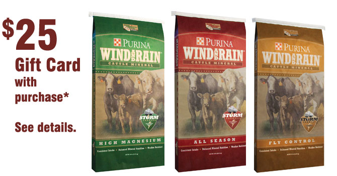 Purina Wind and Rain Storm cattle mineral promotion at Cherokee Feed &amp; Seed stores.