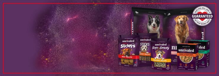 Different bags of Unrivaled Dog Food shown