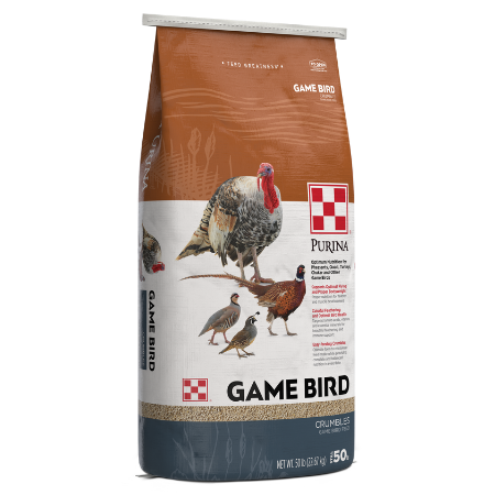 Purina Game Bird Maintenance. Tan, white, teal 50-lb poultry feed bag.