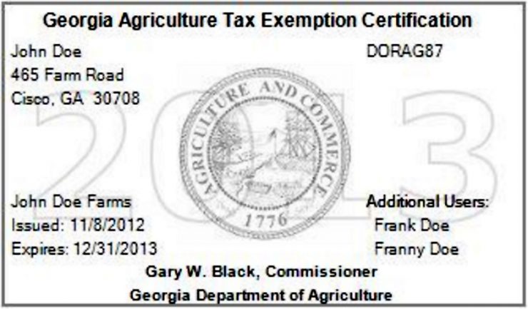 Sample Georgia Agriculture Tax Exemption Certification Card