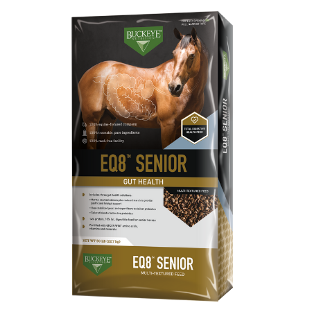 Buckeye EQ8 Senior Gut Health Multi-Textured Horse Feed. 50-lb equine feed bag.