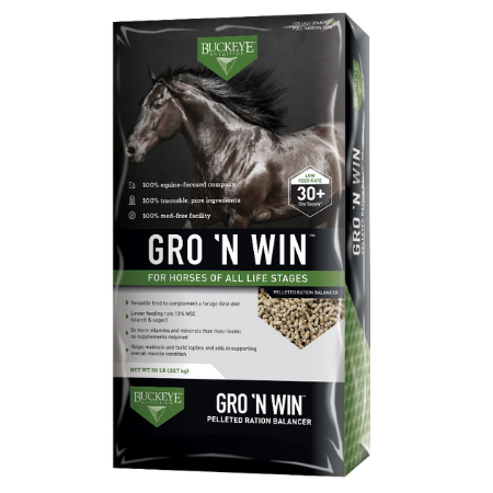 Buckeye Gro 'N Win Pelleted Ration Balancer. Black equine feed bag.