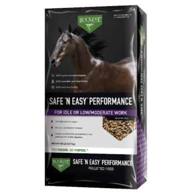 Buckeye Safe 'N Easy Performance Pelleted Feed. Black equine feed bag.