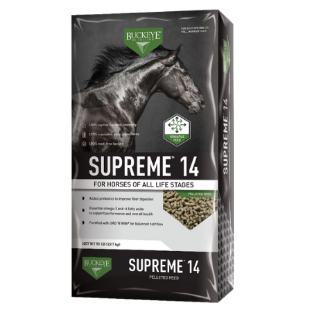 Buckeye Supreme 14 Pelleted Horse Feed. Black 50-lb feed bag.