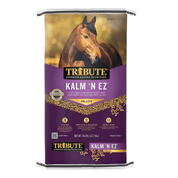 Kalm ‘N EZ Pellet horse feed. Purple 50-lb bag.