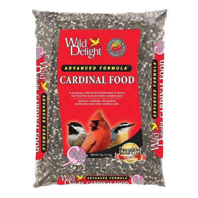 Clear plastic bag with red label. Wild Delight Cardinal Bird Feed