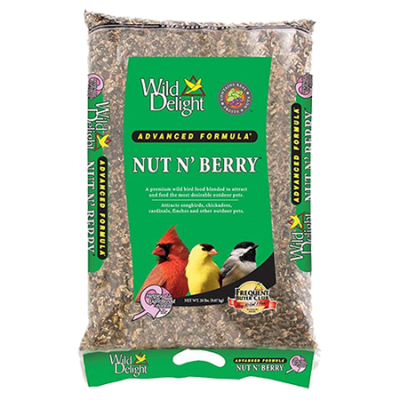 Plastic bird food bag with green label. Wild Delight Nut N Berry wild bird feed.