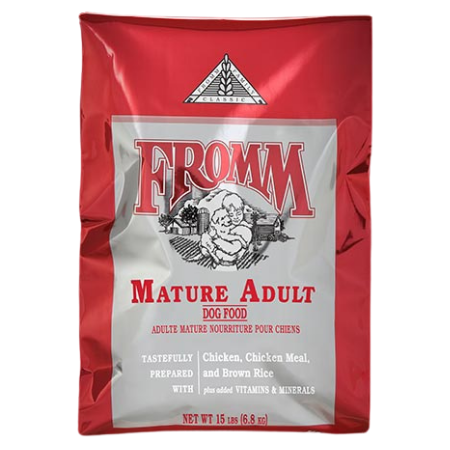 Fromm Mature Adult Dry Dog Food. 15-lb red dog food bag.