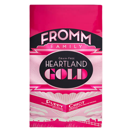 Fromm Heartland Gold Dry Puppy Food. Hot pink pet food bag.