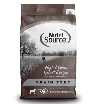 NutriSource High Plains Select Grain Free Dog Food with Beef, Trout & Turkey. 30-lb bag of dry dog food.