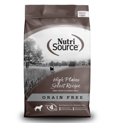 NutriSource High Plains Select Grain Free Dog Food with Beef, Trout & Turkey.  30-lb bag of dry dog food. 