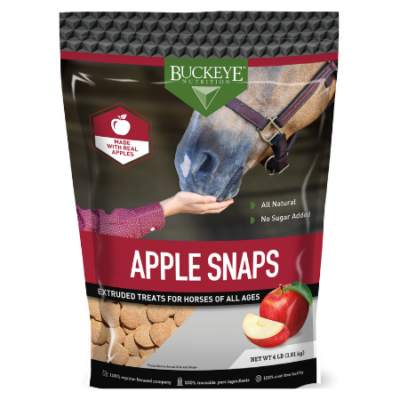 Buckeye Apple Snaps Horse Treats. Black and red pouch bag.