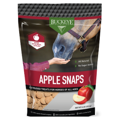 Buckeye Apple Snaps Horse Treats. Black and red pouch bag. Available at your local Cherokee Feed & Seed in Georgia.