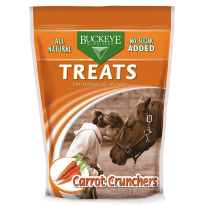 Buckeye Carrot Crunchers Horse Treats. Orange pouch bag.