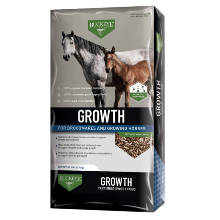 Buckeye Growth Textured Sweet Feed. 50-lb bag of feed for broodmares and foals. Available at your local Cherokee Feed & Seed in Georgia.