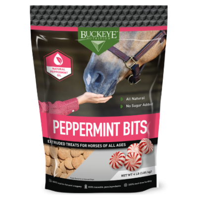 Buckeye Peppermint Bits Horse Treats. Pink and black pouch bag.