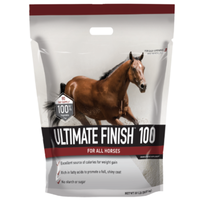 Buckeye Ultimate Finish 100 For Horses. White 20-lb pouch bag. Available at your local Cherokee Feed & Seed in Georgia.