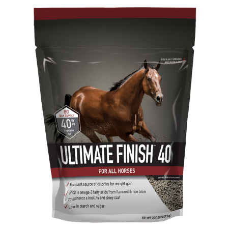 Buckeye Ultimate Finish 40 For Horses. 20-lb pouch bag. Equine supplement. Available at your local Cherokee Feed & Seed in Georgia.