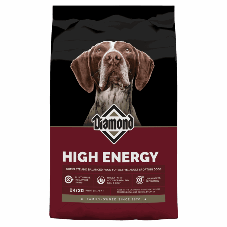 Diamond Hi-Energy Dog Food in dark red bag.