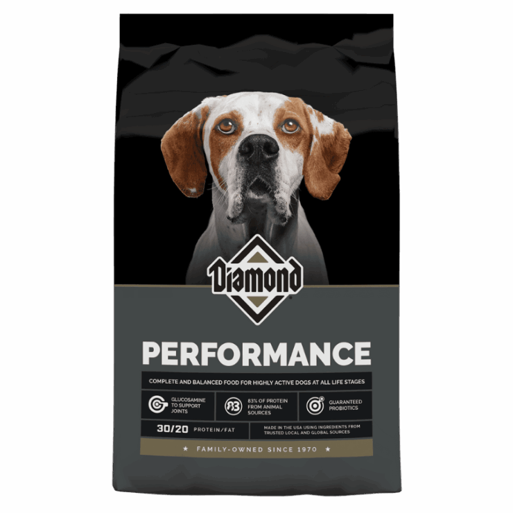 Diamond Performance Dog Food in black and gray bag.