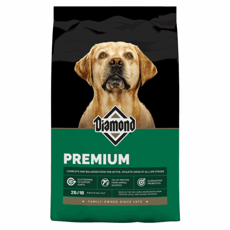 Diamond Premium Adult Dog Food in green bag.