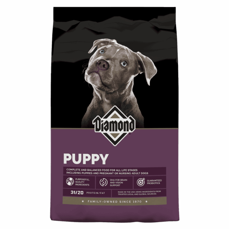 Diamond Puppy Food. Purple dry dog food bag.