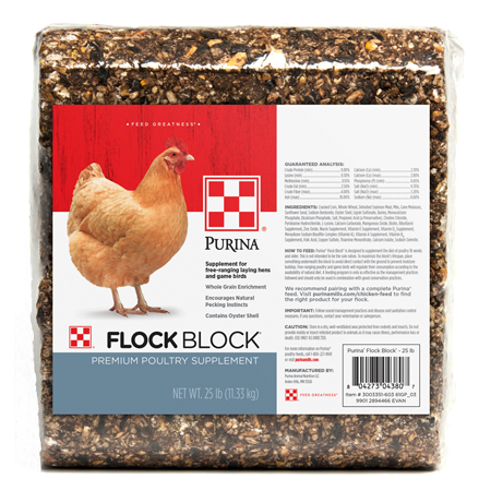 Purina Flock Block. Compressed poultry grain block. Tan chicken.