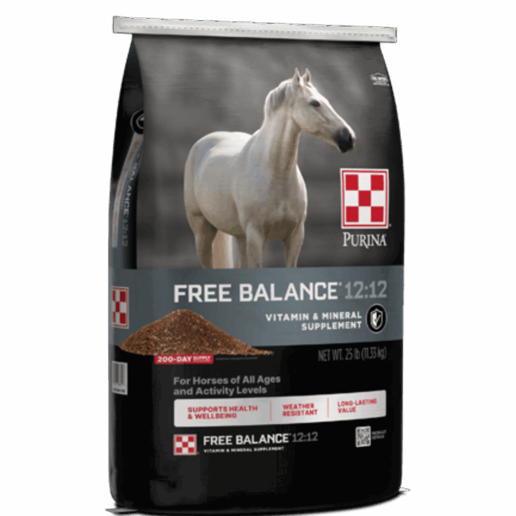 Purina Free Balance 12:12 Vitamin & Mineral Supplement. Black and gray feed bag.