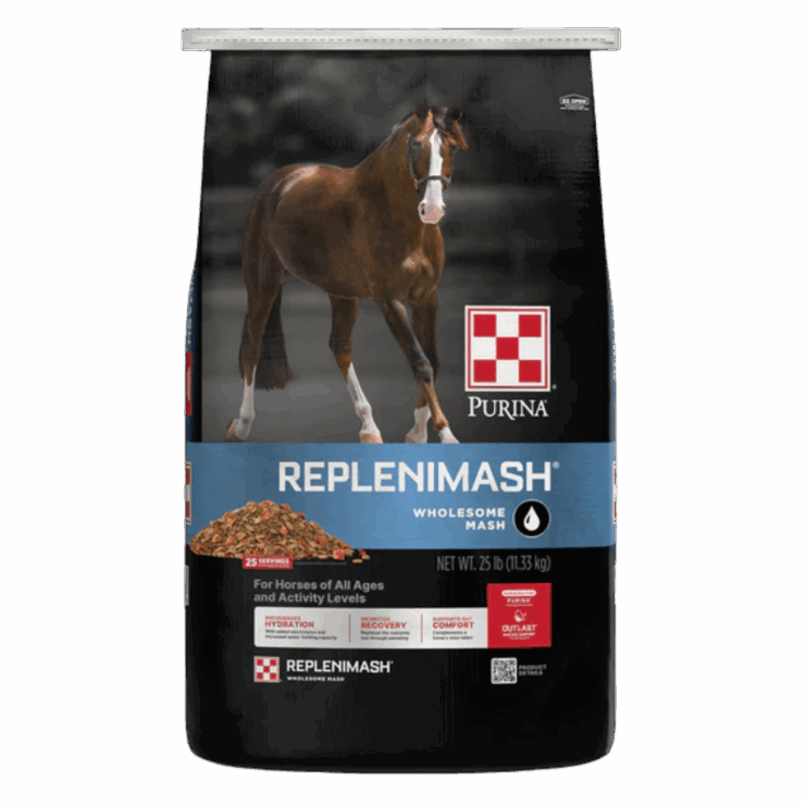 Purina RepleniMash Horse Supplement. Black and blue feed bag.