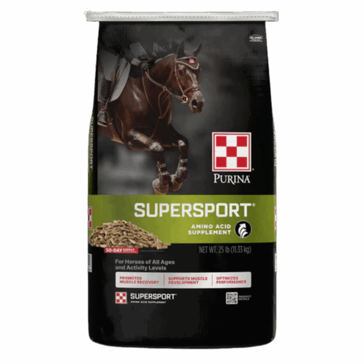 Purina SuperSport Amino Acid Supplement. Black and green feed bag.
