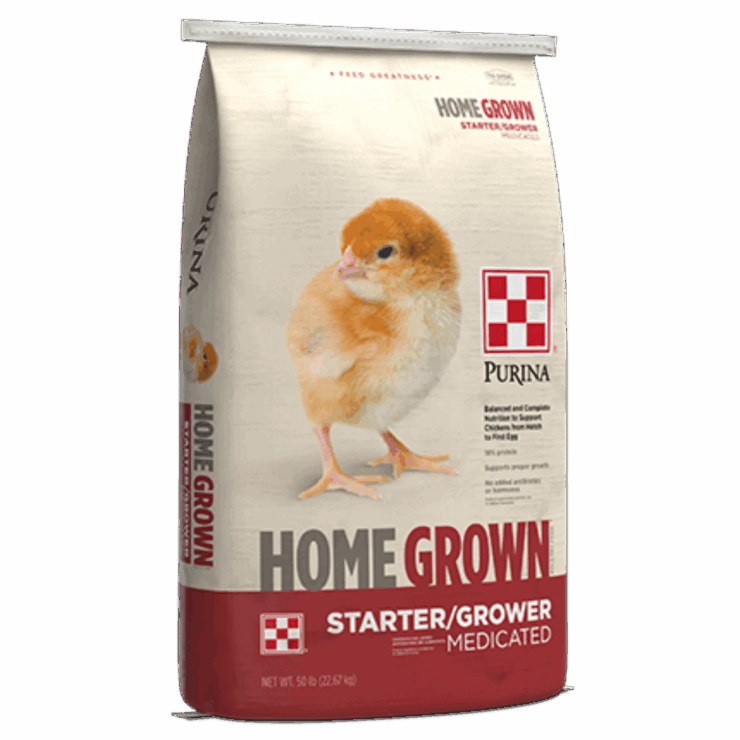 Purina Home Grown Medicated Starter Feed. Red and tan 50-lb feed bag.