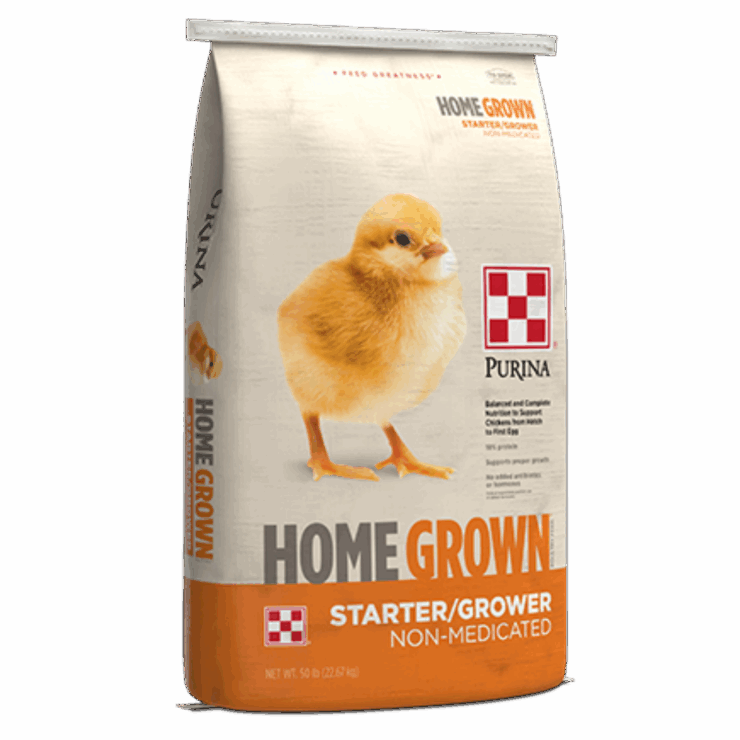 Purina Home Grown Starter/Grower. Gold bag with yellow chick.