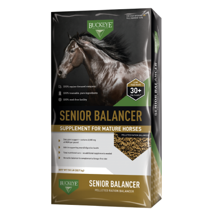 Buckeye Senior Balancer Pelleted Supplement. 50-lb black and brown equine feed bag. Available at Cherokee Feed & Seed located in Ball Ground, and Gainesville, Georgia.