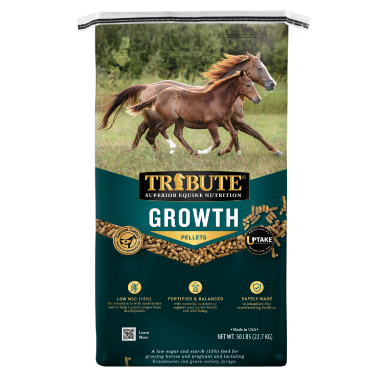 Tribute Growth Pellet 50-lb bag. Available at your local Cherokee Feed & Seed in Georgia.