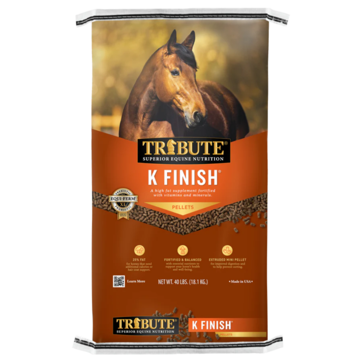 K Finish Pelleted Horse Feed. Orange 50-lb bag. Available at your local Cherokee Feed & Seed in Georgia.
