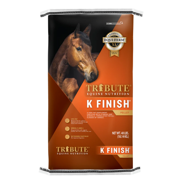 K Finish Pelleted Horse Feed. Orange 50-lb bag.