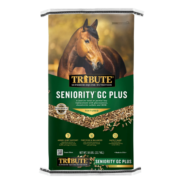 Seniority GC Plus textured horse feed. Green 50-lb bag.