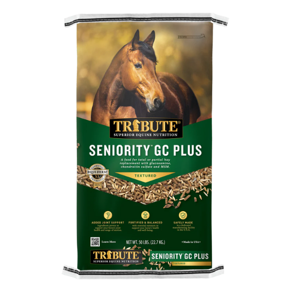 Seniority GC Plus textured horse feed. Green 50-lb bag. Available at your local Cherokee Feed & Seed in Georgia.