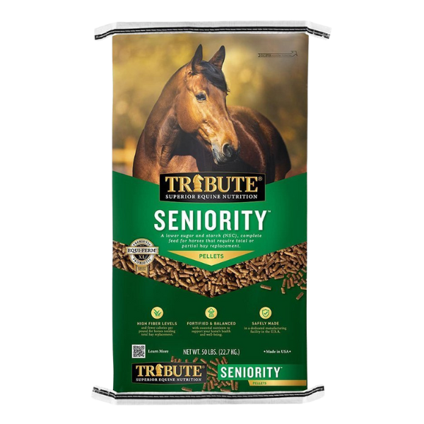 Seniority Pellet. Green 50-lb bag horse feed bag.