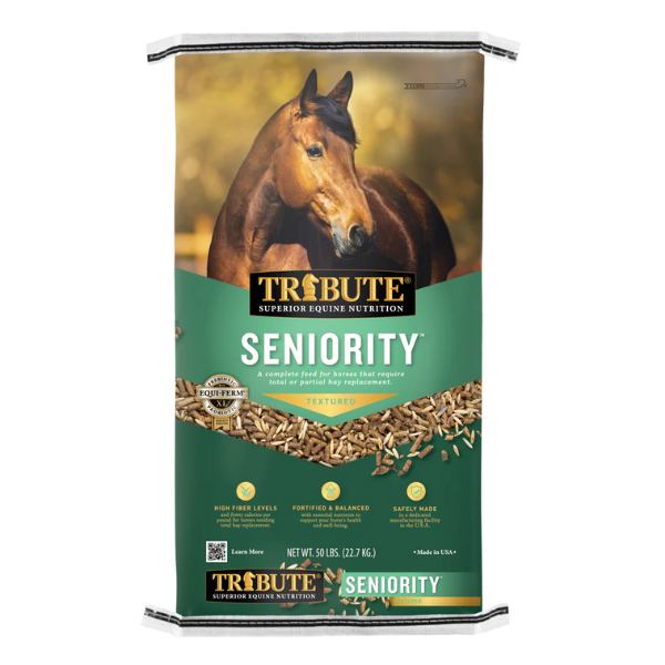Seniority Textured. Green 50-lb bag horse feed bag. Available at your local Cherokee Feed & Seed in Georgia.