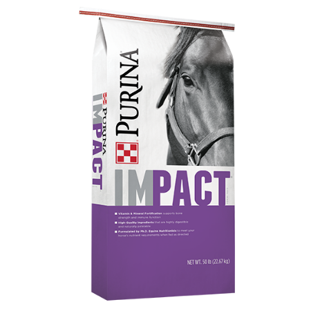 Purina Impact Sport Horse. Purple 50-lb equine feed bag.