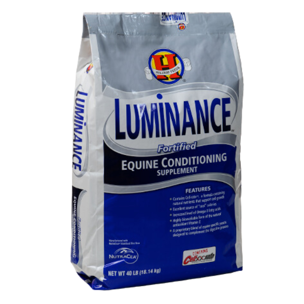 Hallway Luminance Horse Feed. 40-lb blue feed supplement bag.