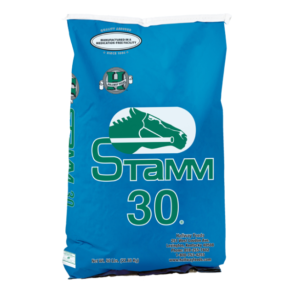Hallway Feeds Stamm 30 horse feed. 50-lb blue feed bag.