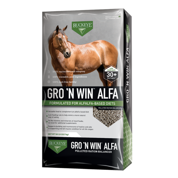 Buckeye Gro 'N Win Alfa Ration Balancer. Silver and black 50-lb feed bag.