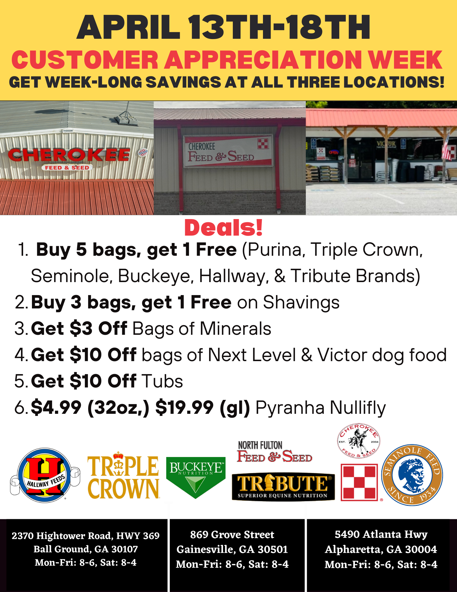 Customer Appreciation Week flyer listing sale details with photo of three store fronts.